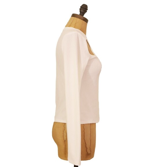 Open Edit Cutout Detail Mock Neck Top Size S Long Sleeve Ribbed Ivory NWT B57 - Picture 3 of 5